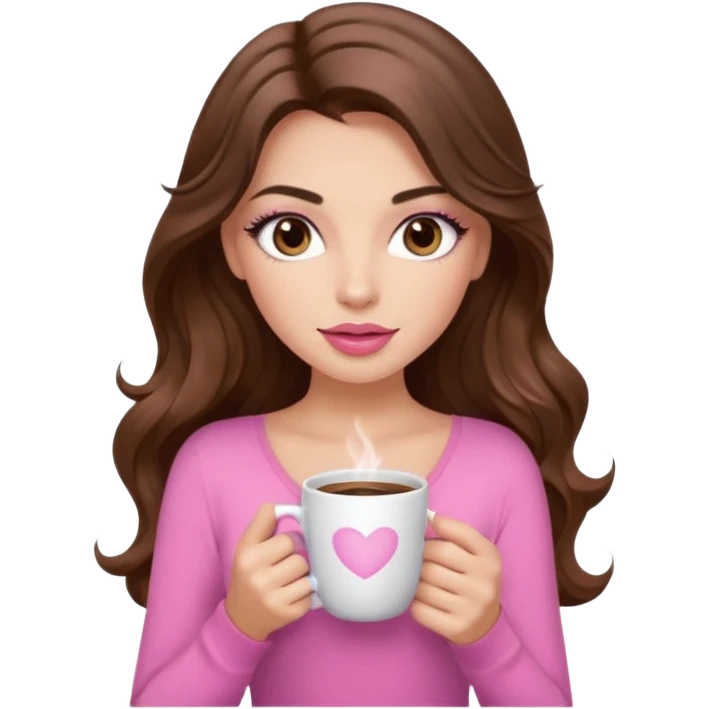 girl with long wavy brown hair, brown eyes, long lashes makeup,sexy pink lips, light to medium complexion, pink sexy top, with a coffee mug emoji