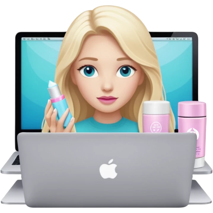 blonde long hair girl using macbook emoji. she has blue eyes and there is tatcha longevity cream (teal colour) and Summer fridays lip balm (pink sugar) in front of the laptop emoji