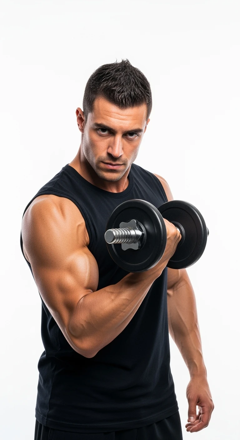 UOMO fitness CHE TIENE UN MANUBRIO DA PALESTRA IN MANO E FA UN CURL MANUBRUI, ISOLATO SU SFONDO BIANCO emoji