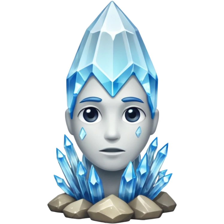 A single crystal rock character inspired by a clear quartz cluster, amorph base with many tall transparent crystal spikes growing upward all around it with a face emoji