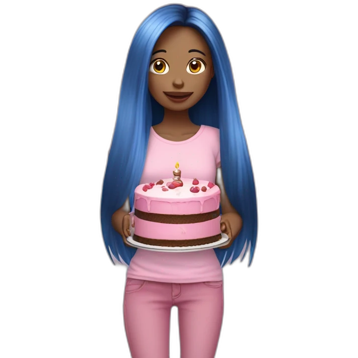 Thin fair girl with little long face and black long straight hairs in baby pink top and blue straight fit jeans holding a cake  emoji