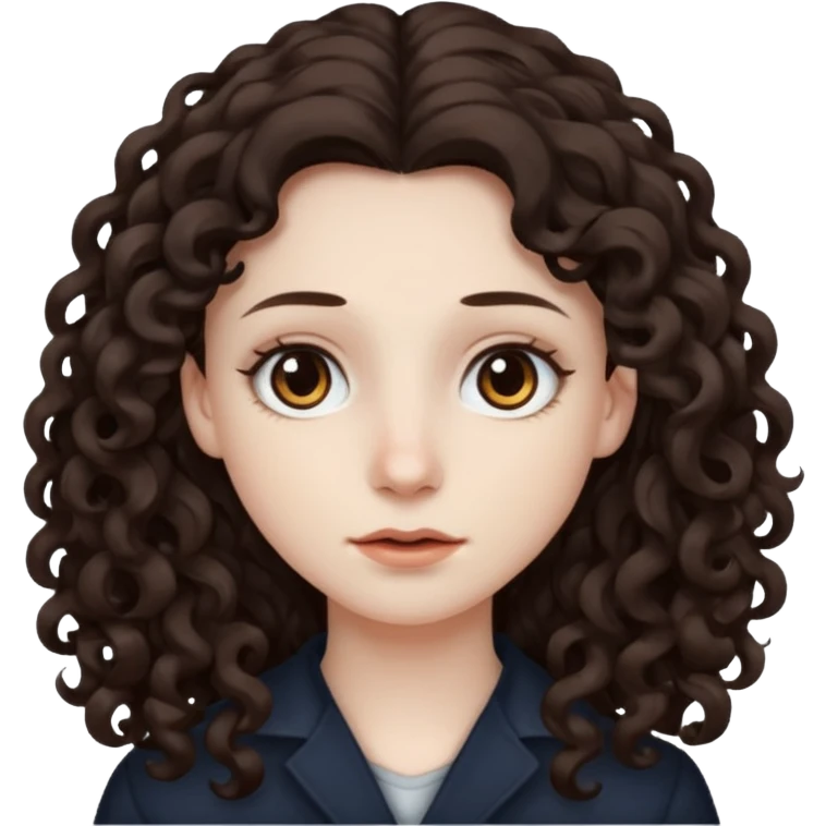 Pale skin, long curly dark brown hair, medium brown eyes. emoji