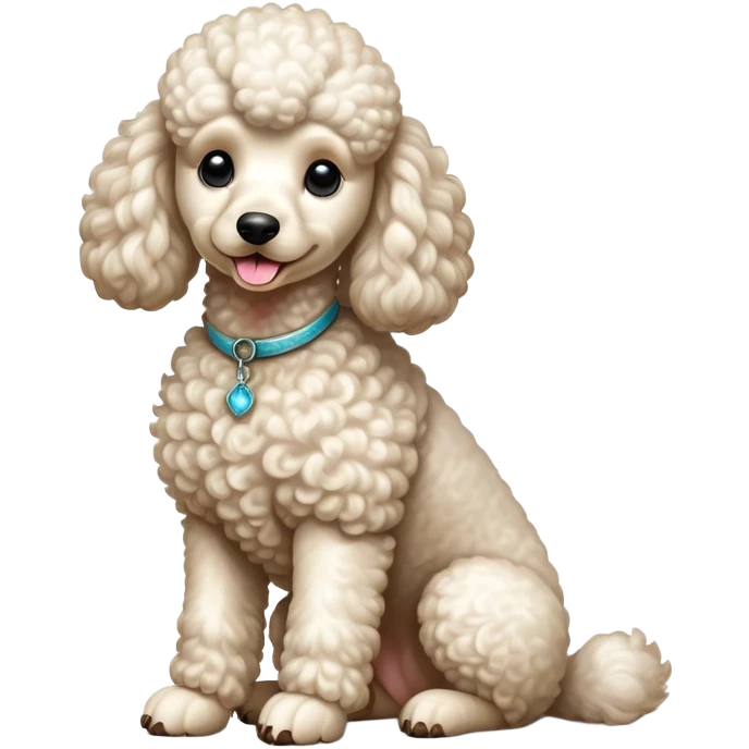 cinematic-[poodle]-realistic-full-body-sitting-emoji,-tail-resting-loosely-beside-its-paws,-head-tilted-dramatically, -curly-[cream white]-fur,-simplified-yet-realistic-focused-features,-highly-detailed,-glowing-with-an-almost-sarcastic-glow emoji