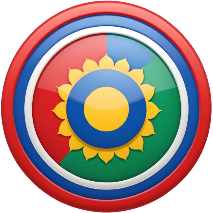 An emoji icon of the Romani flag. Top half blue, bottom half green, with a red 16-spoke chakra wheel in the center. Flat vector style, cute, isolated on white background. emoji