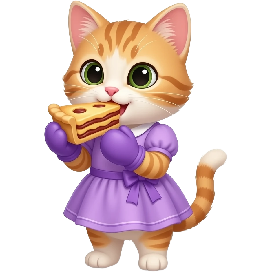 Cartoon sister kitten standing wearing a purple dress wearing purple mittens eating a pie emoji