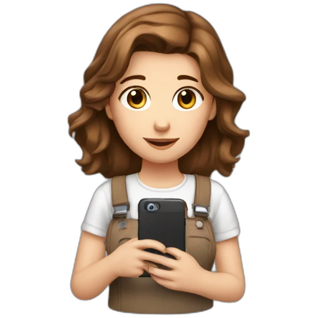 White cute girl with brown hair holding phone emoji