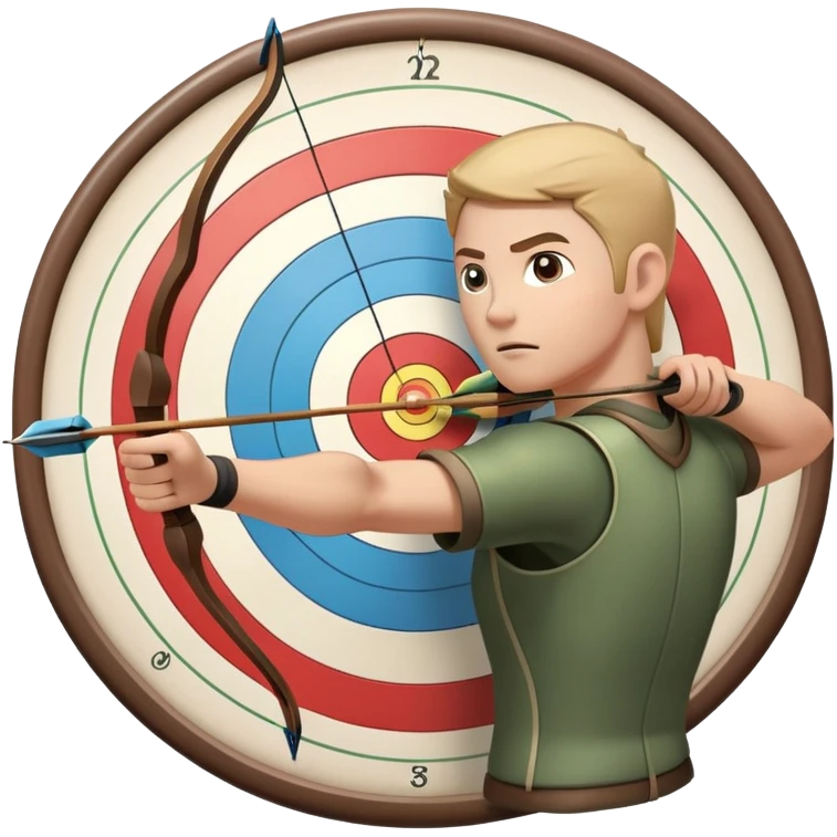 An archer drawing a bow and aiming an arrow at a target, with perfect focus and precision. The target is visible in the background, featuring concentric rings. The scene captures the concentration and skill involved in archery, emphasizing the elegance and accuracy of the sport. emoji