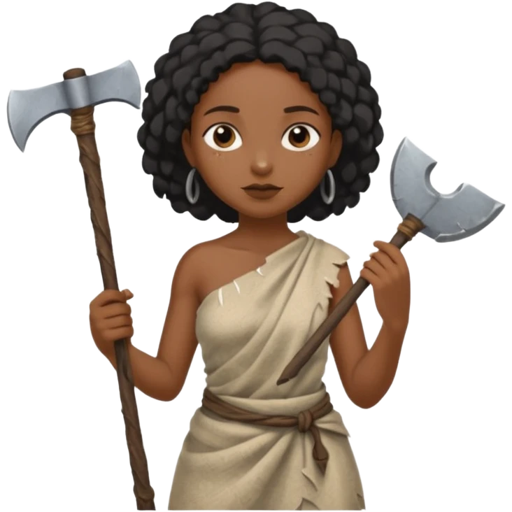 ancient black girl, tattered leaf cloth, hold broken stone ax emoji