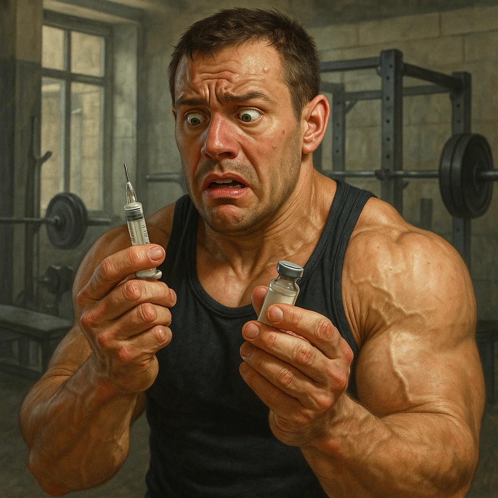 bodybuilder che si fa prendere dalla paura e fa cavolate, come una fiala ogni 2 settimane finisce che sopprimi comunque l'HPT ma senza alcun risultato visibile, iperealistica  emoji