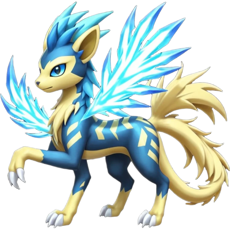 Feral Scaly Striking Slaying Badass Evil Handsome Lightning-patterned Zig-zagged buzzy fuzzy Meloetta-Manectric-Luxray-Suicune-Solgaleo-Vernid-fusion-hybrid-creature, full body  emoji