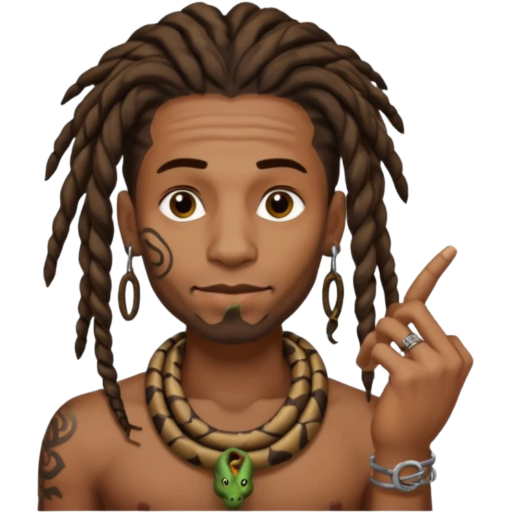Black man with dreads and snake tattoo on forehead with index finger under his nose  emoji