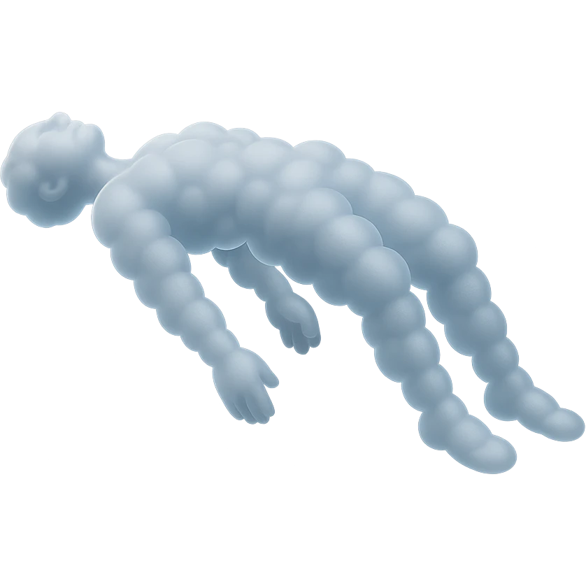 side view: unconscious person flying upwards by torso, arms and legs down, made of small convex fluffy white clouds, matte glass style emoji