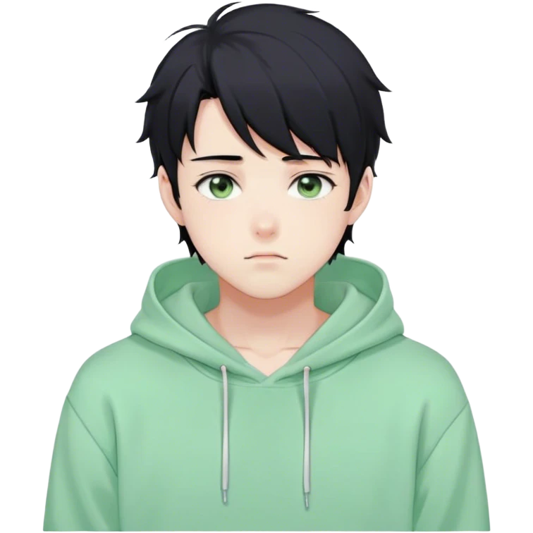Gorgeous pastel green sweater black hair anime style shojo guy with blushing face and, hoodie, aesthetic, young adult, trending style, outside, vedal987 emoji