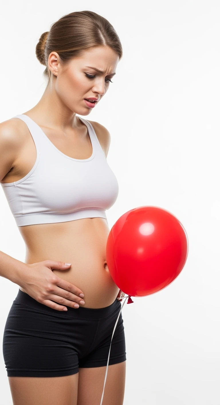 DONNA FITNESS CON PANCIA GONFIA, PALLONCINO ROSSO SULLA PANCIA ED ESPRESSIONE DI DOLORE IN VOLTO, iperrealistico 4k, ISOLATA SU SFONDO BIANCO emoji