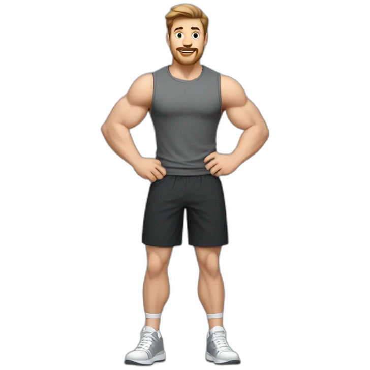Full height Actively gesturing with hands Pale skinned Fit Man With the biceps and brown hair in dark gray Sleeveless Mike, black oversize sports shorts, watch and white Sneakers emoji