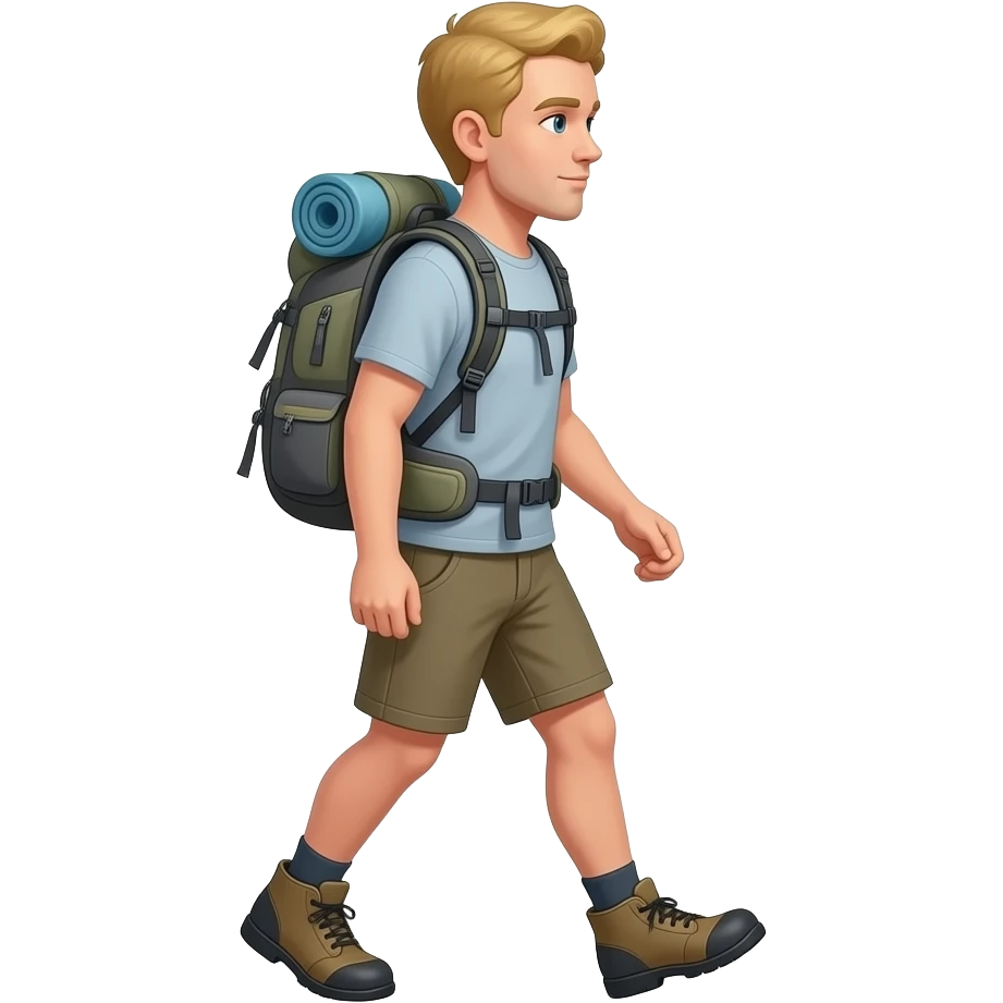 blonder man mit dem camping rucksack ganzer körper im gehen von der seite emoji