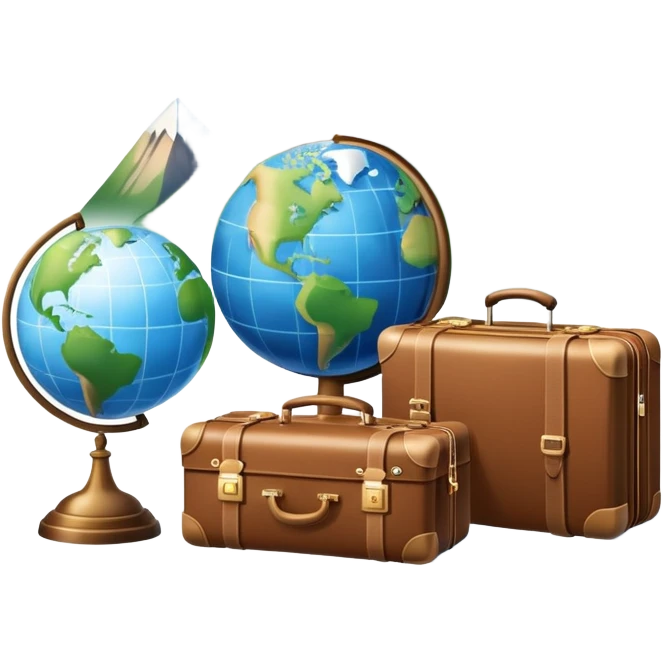 An icon featuring a suitcase, a hotel bell, and a globe, symbolizing tourism and hospitality. The design includes a scenic landmark, like a mountain or beach, and a check-in desk, representing travel and accommodation services. Transparent background emoji