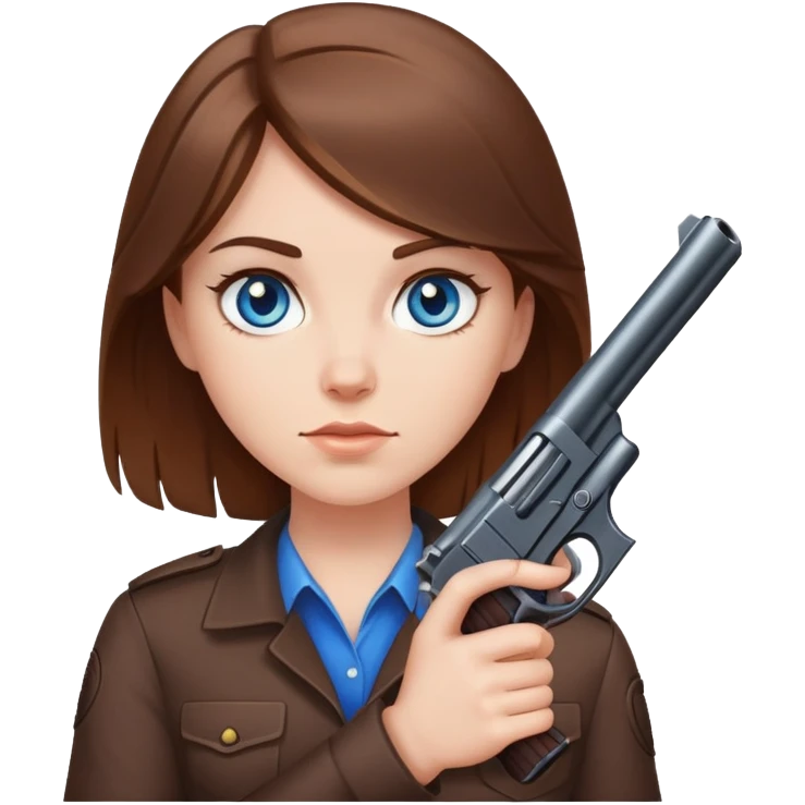 White girl brown hair blue eyes holding gun at you emoji