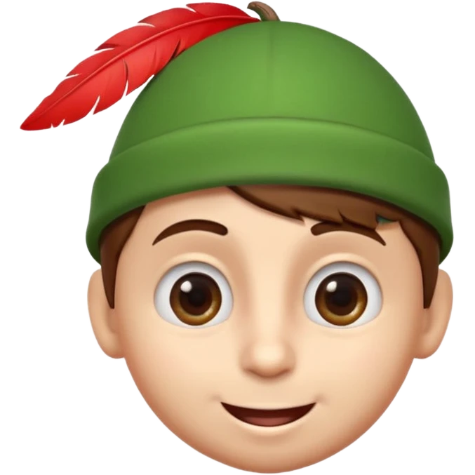 A cute 3D emoji head of a mischievous cartoon boy, fair skin, big expressive eyes, thick eyebrows, smiling with a slightly open mouth, brown hair, wearing a green pointed cap with a red feather, smooth emoji