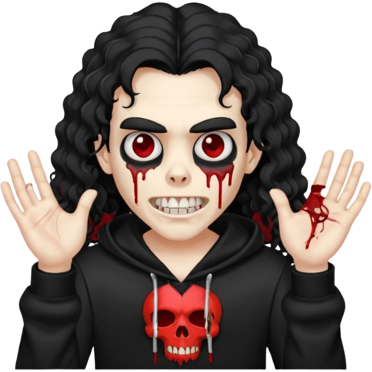 Vampire wearing a black hoodie with a skull logo on it, long curly hair that covers the forehead, fanged teeth and blood on hands emoji