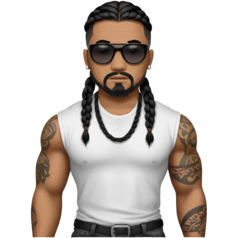 Samoan male. Chin goatee.
Larger XL loose fitting white t-shirt. 

Black jeans. 
long black braided hair.
very muscular.
More tattoos. 
Tough and menacing.
All black sunglasses. emoji