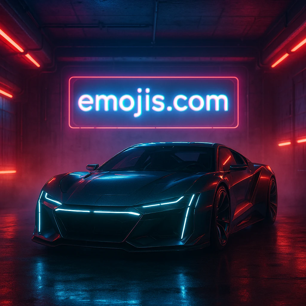 Cinematic still of a futuristic car parked front to camera inside neon garage with led behind saying "emojis.com", room fill with haze, very detailed and futuristic ,inspired by cyberpunk 2077 emoji