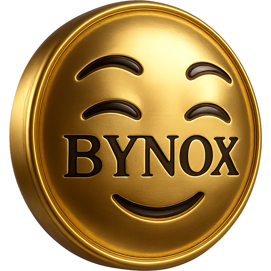 gold and black luxury-themed emoji with the text 'BYNOX' in the center, shiny metallic style, elegant design, premium vibe, 3D effect, dark background, stylish typography, minimal but powerful, no background, suitable for Telegram custom emoji emoji