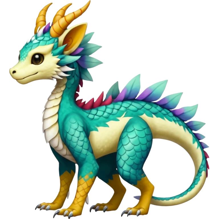 Beautiful pretty cool edgy elegant realistic Feral Rare Fantasy colorful vibrant Vernid-Trico-Haku-dragon-species-Fakemon-creature by LiLaiRa, random markings, tufted tail, tufted ears, full body emoji