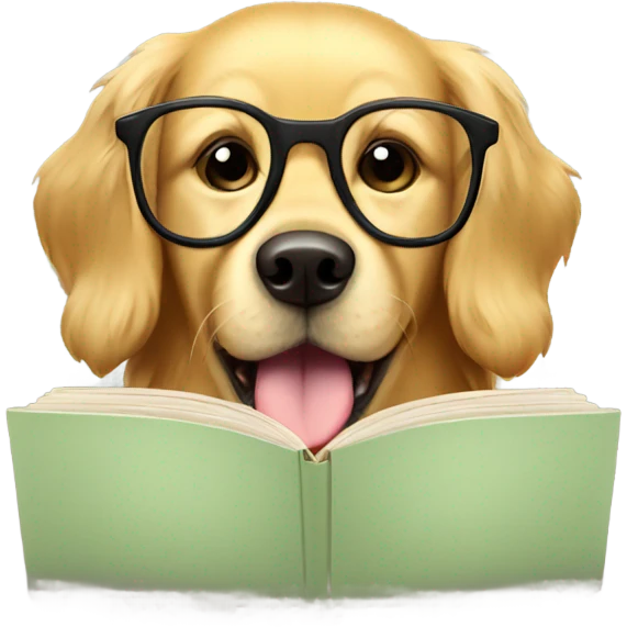 Golden retriever wearing glasses and reading book emoji
