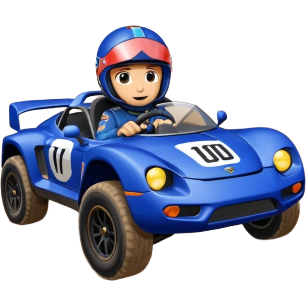 Dirty Joke’s Midnight-blue Local Motors Rally Fighter off road race car being driven by a cayman , sitting in the driver’s seat, over a dirt ramp  emoji