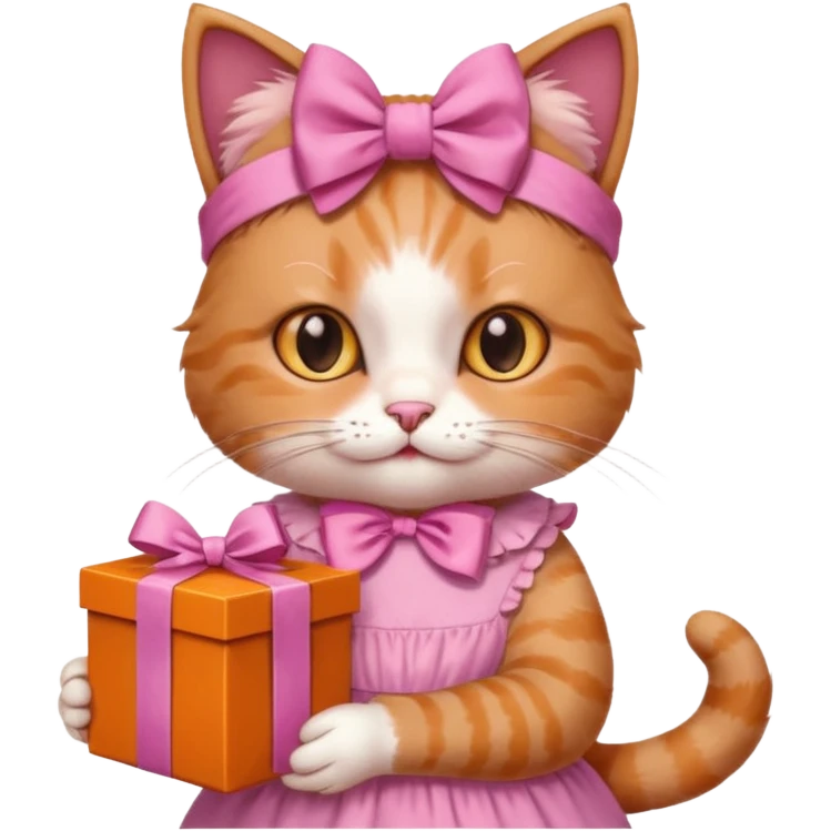 گربه ای سفسد نارنجی که جعبه شکلات دستشه لباسش صورتیه و پاپیون صورتی رو سرشه emoji