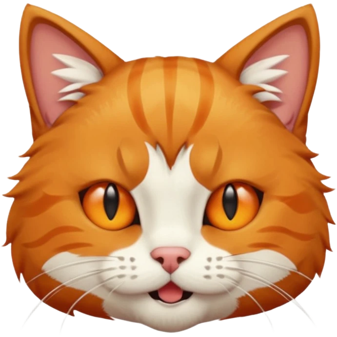 a ginger cat with white stripes on his forehead, a bitten ear, one fang sticking out, winking his right eye emoji