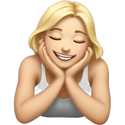 a blond girl smiling hands on cheeks and feet on back laying  emoji
