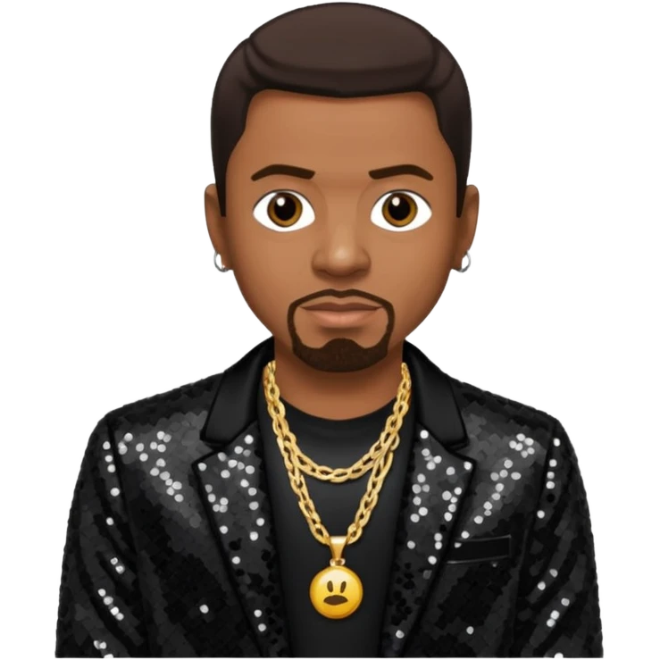 Keith Sweat (b.1961) with dark brown hair, black sequin jacket, black shirt with necklace emoji