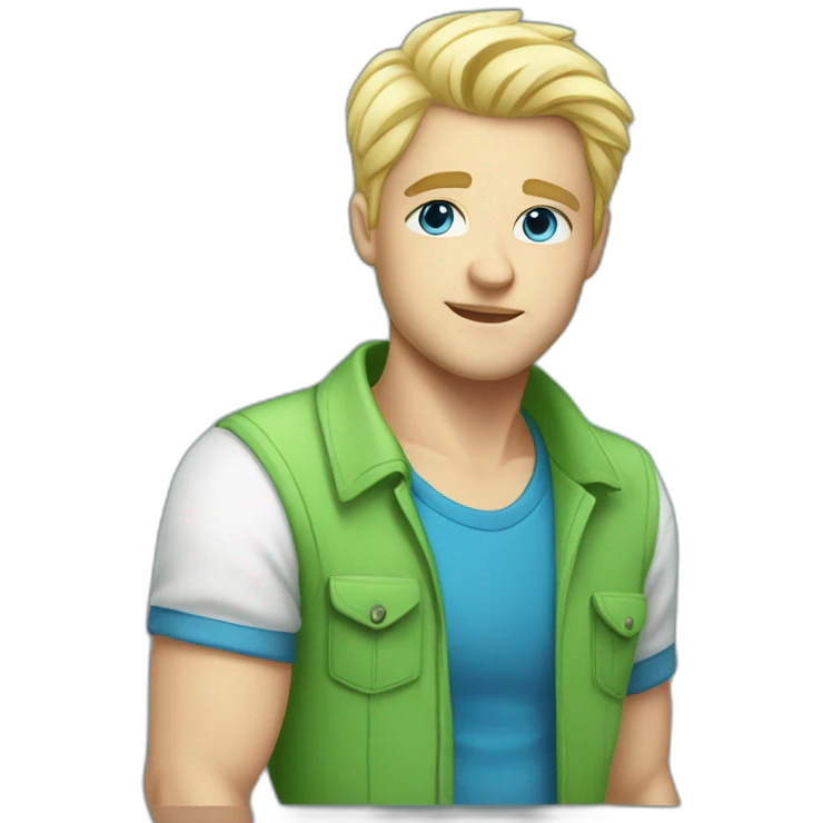 men 30 years old,blond short haire, white skin, blue eyes, green shirt with retro fan art emoji