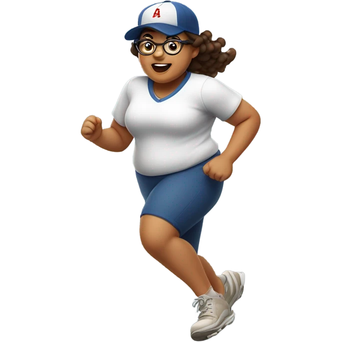 Fair chubby brown eyed girl with glasses in baseball cap running emoji