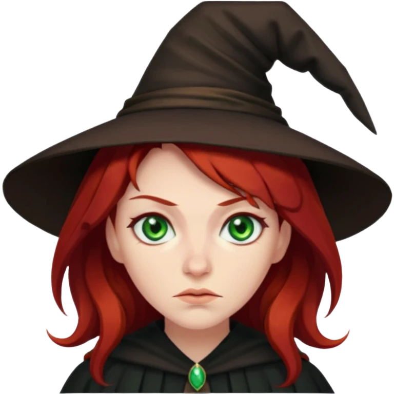 Dark blood Red haired witch. Green eyes annoyed. emoji