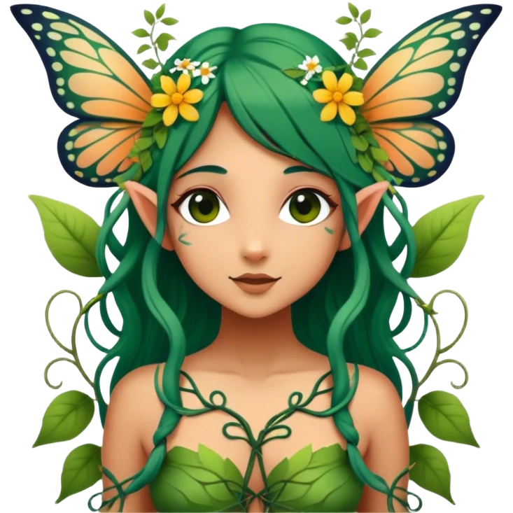 Cinematic Realistic Forest Nymph Fairy Portrait, depicted with lifelike, sun-kissed tanned skin that radiates an earthy glow, softly illuminated by natural, dappled light. Her long, flowing dark green hair is intricately detailed and interwoven with delicate vines and wildflowers, while her deep, soulful eyes mirror the wisdom of the forest. Dressed in an attire inspired by nature’s palette—with subtle botanical motifs—the portrait exudes a soft, enchanted glow that melds realism with woodland magic showing her large butterfly wings from her back. emoji