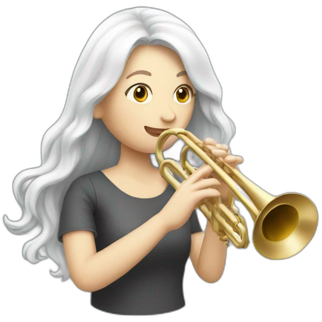 A white long hair woman playing the trumpet emoji