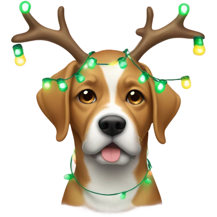 Dog with Christmas lights wrapped around him and deer antlers  emoji