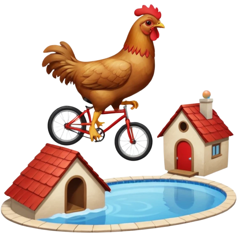 A chicken laying an egg on top of a dog’s head while riding a unicycle on top of a slanted house on top of a pool emoji