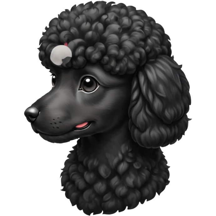 A high-resolution digital illustration of a black poodle in a clean, semi-realistic style. The poodle is shown facing sideways head tilted  emoji