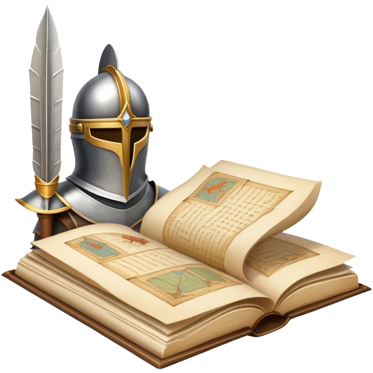 Icon for Historical Fiction Reading: an open book with pages showing ancient scrolls, a quill, a knight's helmet, and a parchment map. The icon should evoke the adventure and grandeur of historical settings and storytelling. Transparent background. emoji