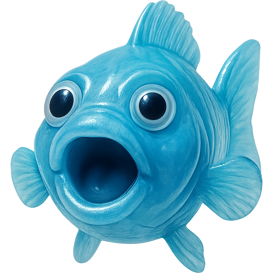 playful, stupid, derpy clear-transparent bright blue fish with mouth open, looking straight at the viewer, clear bright blue transparent body with hyper-detailed soft plastic texture reminiscent of a 90's toy, soft reflections, soft and almost squishy look, some cloudiness, not shiny, hyper-realistic, retro, highly detailed, appealing, no background emoji