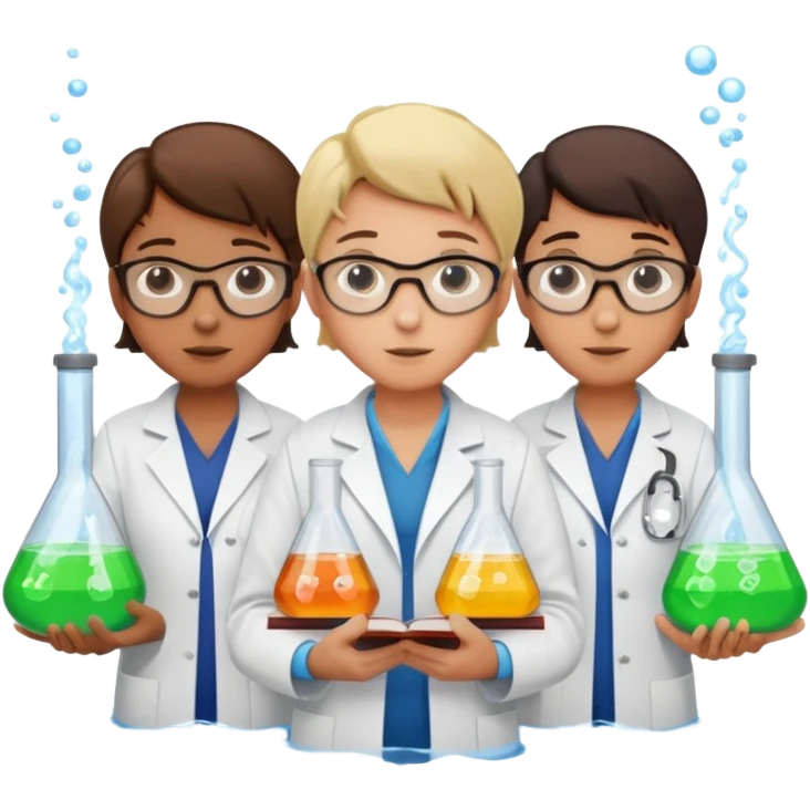 The team of scientists is waist-deep, surrounded by chemical flasks and books emoji