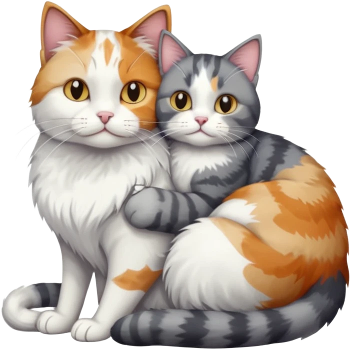 full body colourful light patched calico + white tabby cat cuddling a grey and white cat  emoji