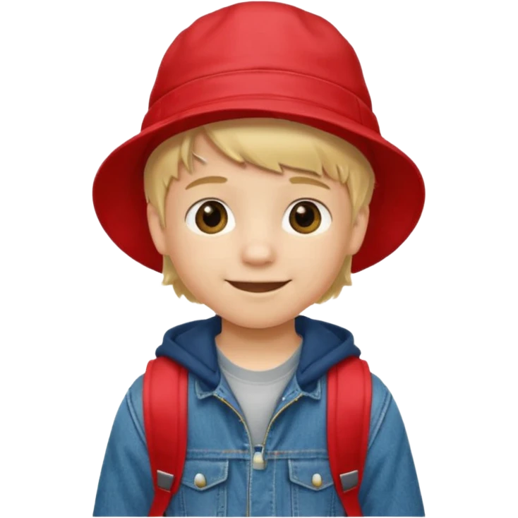 A little boy student, blonde hair, with red bucket hat, jean jacket, backpack emoji