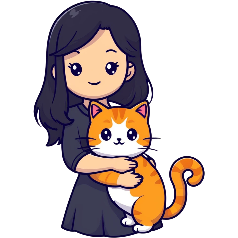beautiful elegant girl with long black hair holding a friendly ginger cat emoji