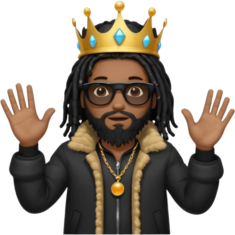 African American man with shoulder length black dreadlocks with black beard wearing  dark black sunglasses with a black bubble winter coat wearing a crown with hands out emoji