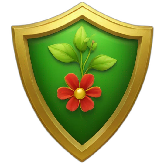 green shield with a gold border and a sprouting gold and red flower at the centre emoji